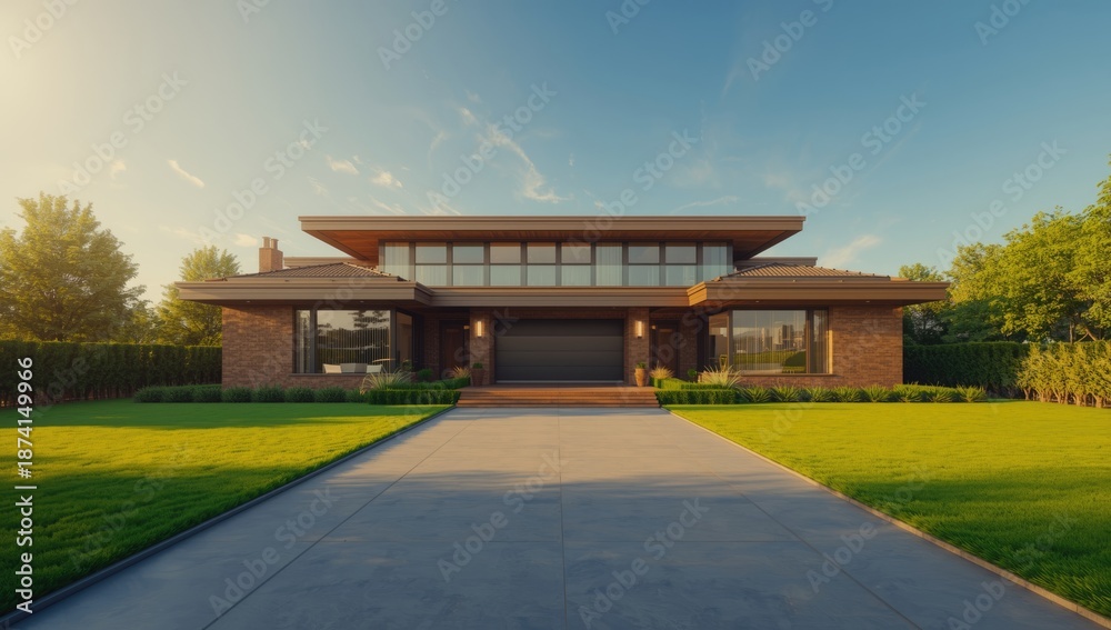 Naklejka premium Modern house with driveway parking space designed for vehicle access and residence, Earth Day