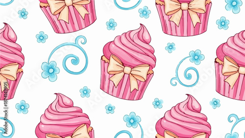 Pattern of pink cupcakes with bows, blue flowers, and swirls on white