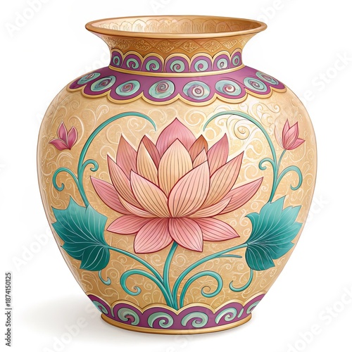 Decorative ceramic vase with lotus flower and intricate patterns