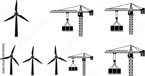 Wind turbine and construction crane silhouettes set showing renewable energy and industrial building equipment isolated black vector illustration