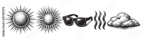 A collection of hand-drawn vector icons in a vintage woodcut style, featuring a sun, sunglasses, wavy heat lines, and a cloud, perfect for weather or summer themes.
