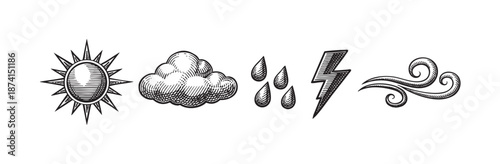 A set of vintage style black and white weather icons including sun, cloud, rain, lightning, and wind presented on a clean white background.