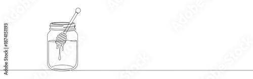 A continuous line drawing of a honey dipper inside a mason jar filled with honey, symbolizing natural sweetness and wholesome ingredients