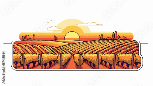 Rolling vineyard rows bathed in sunset glow, framed by a stylised horizon