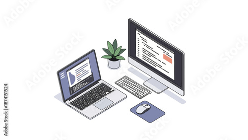 Modern workspace with laptop and desktop computer setup