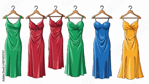 Six colorful evening gowns hang on wooden hangers against a white background