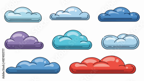 Seven cartoon clouds in various colors blue, purple, teal, and red