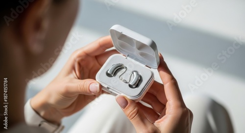 A woman in white holding hearing aids in a case, indoors with daylight, a technician's tool.