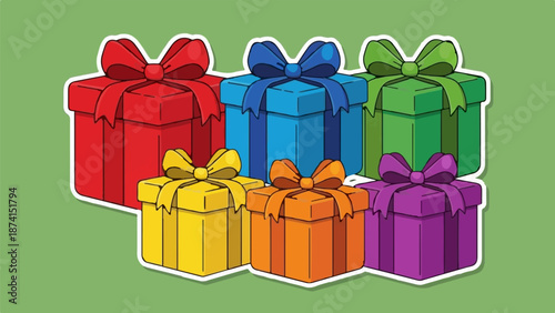 Six colorful gift boxes are arranged in two rows on a plain background