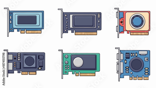 Six colorful pixelated computer graphics cards with various ports and designs