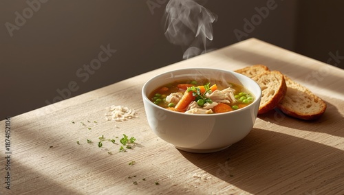 White chicken soup featuring broth, onion, and pasta, emphasizing wholesome ingredients for balanced diet, World Food Day