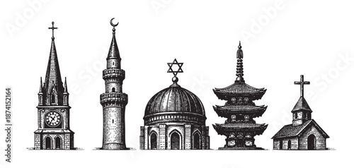 A black and white sketch features a diverse collection of religious buildings, including a church, mosque, synagogue, and pagoda, symbolizing unity in worship.