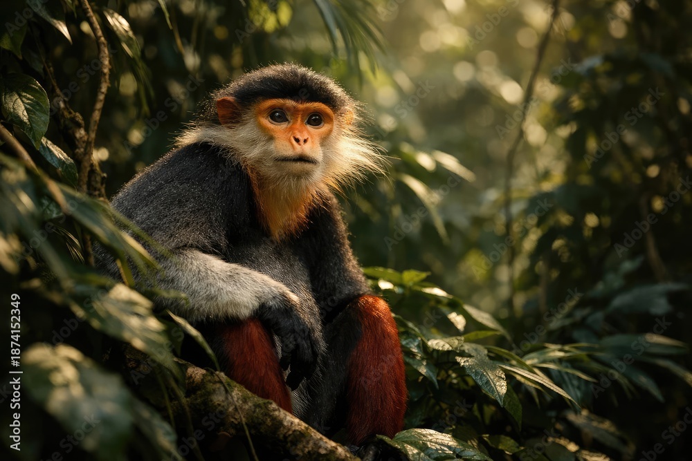 Fototapeta premium Naturalistic image of red shanked douc langur primate within dense tropical flora