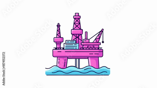 Pink oil rig with drill towers and crane sits in blue ocean waves