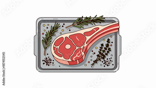 Raw meat chop seasoned with herbs and peppercorns on a tray
