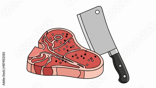 Raw steak seasoned with pepper next to a butcher knife
