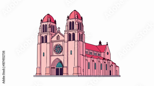 Pink cathedral with twin towers, rose window, and red domed roof