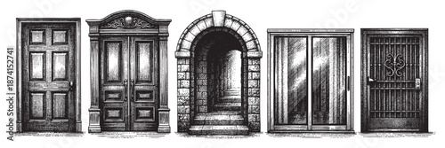 A collection of five different vintage doors rendered in a detailed black and white etching style, showcasing diverse architectural elements and textures.