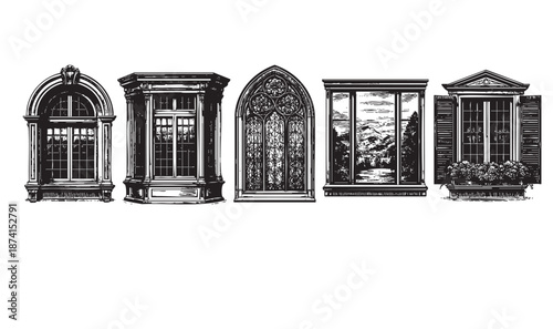 A black and white illustration showcasing a diverse collection of five vintage architectural windows, each with unique ornamental details and styles, presented on a white background.
