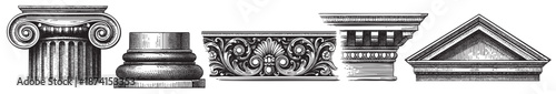 A collection of antique architectural elements in black and white line art style, featuring column capitals, decorative friezes, and pediments, perfect for historical or vintage design projects.