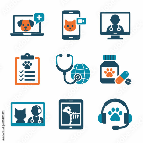 Veterinary telemedicine icons featuring pets and medical consultations