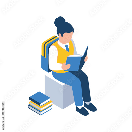 Student reading a book with backpack and books nearby.