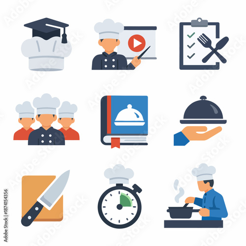 Chef training icons: cooking class, kitchen tools, recipe book, timer, serving, asian young male