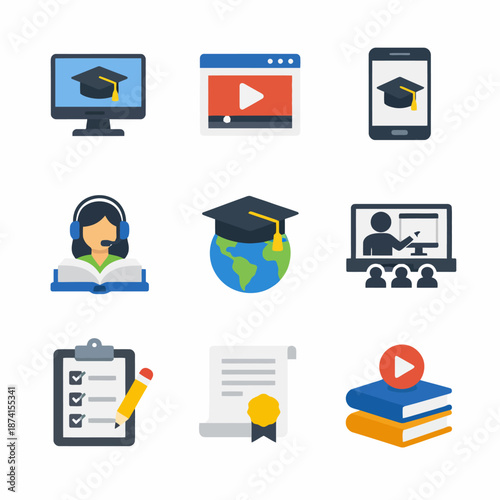 Online education icons: e-learning, graduation cap, mobile, checklist, certificate, video