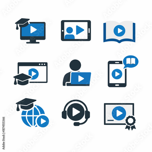 Online learning icons set featuring education, technology, and communication symbols