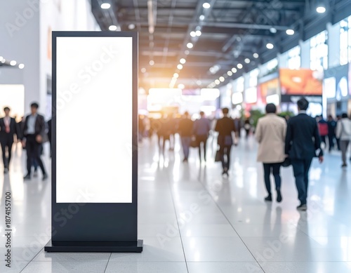 Blank Digital Advertising Screen In Busy Convention Center With Crowd And Sunlight