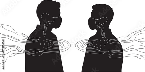 Two silhouetted men with gagged mouths and rippling water