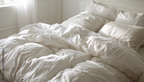 White bed with disarranged pillow in natural morning illumination, highlighting rest disturbance and daytime readiness