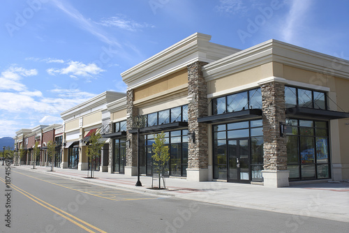 Modern retail strip mall exterior with beige and tan facade featuring stone columns and large glass windows under clear blue sky on sunny day