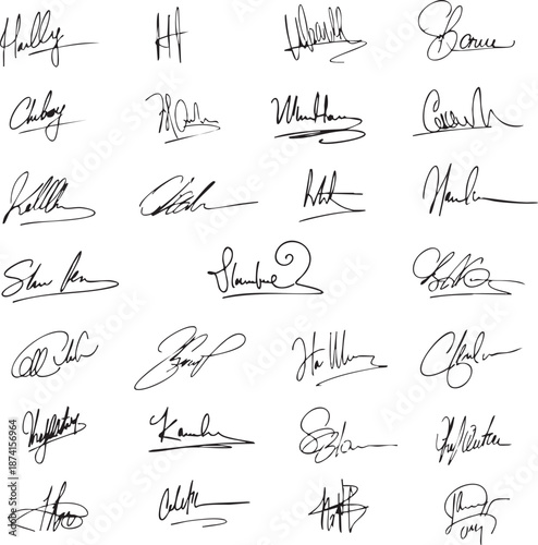 Unique Fake Handwritten Signatures Vector, Black Ink Calligraphy, Authentic-Looking Signature Set EPS
