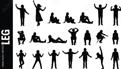 Vector illustration of human posture silhouettes—symbols for business, relaxation, walking, standing, lifestyle motion, casual activity, and expressive body design