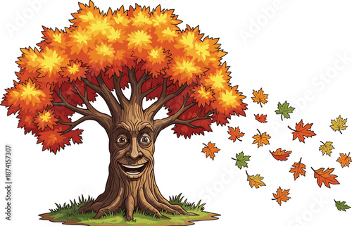 Happy anthropomorphic autumn maple tree with smiling face and falling orange leaves illustration for seasonal nature backgrounds, fall decor, and whimsical forest art