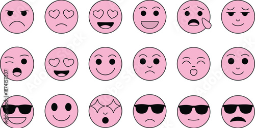 Pink emoji icon collection featuring eighteen different emotional expressions including heart eyes sunglasses and happy faces for social media and digital communication design.