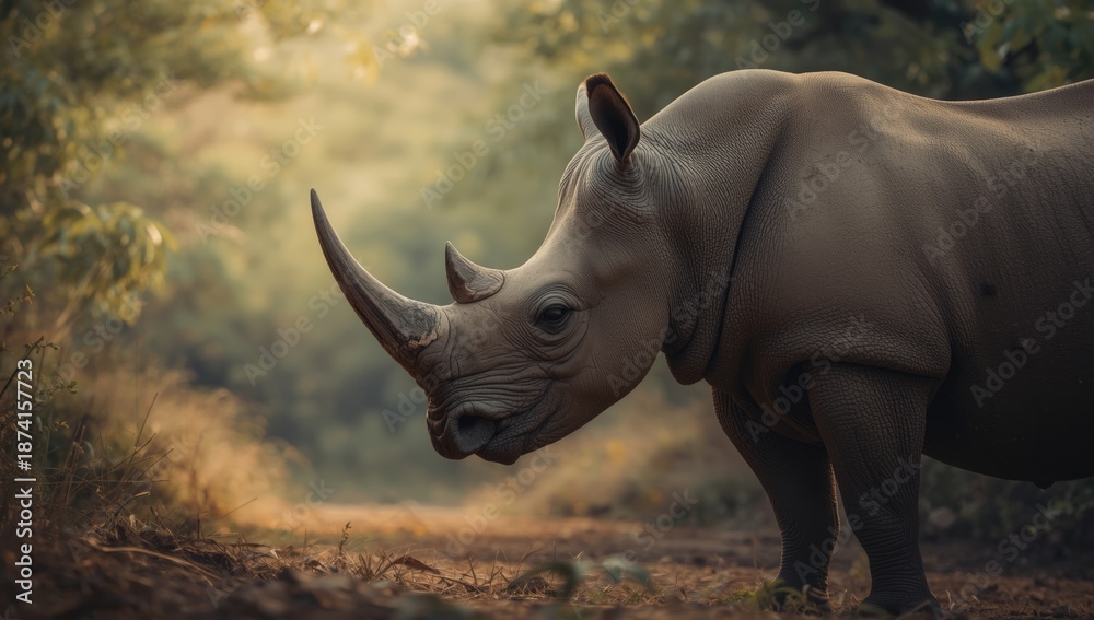 Fototapeta premium Indian rhinoceros displaying rugged, folded skin as part of its adaptive camouflage, Earth Day