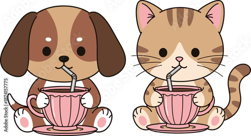 Two cute cartoon animals featuring a brown dog and striped cat drinking tea from pink teacups with straws isolated on white background.