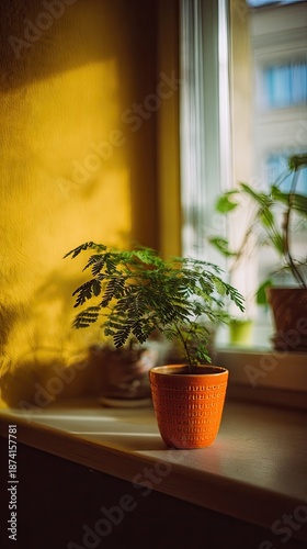 Small Green Plant In Orange Pot On Window Sill