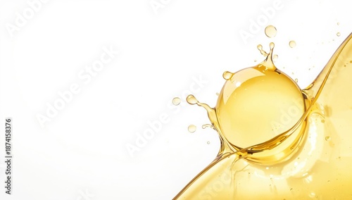 Golden yellow oil or serum bubbles on white background highlighting product purity and formulation process