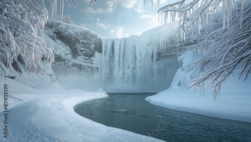 Winter scene of a frozen waterfall cascading into a small river with ice and snow, emphasizing natural preservation