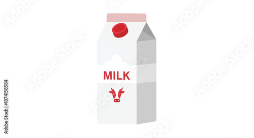 Illustrative white milk carton with red cap and cow emblem offering refreshing dairy beverage