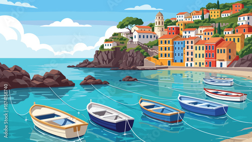 Colorful coastal harbor illustration with fishing boats and seaside village Mediterranean landscape calm sea summer travel destination artwork