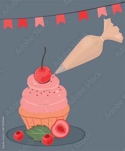 Illustration with Cupcake at Cherry Decoration and Piping Bag