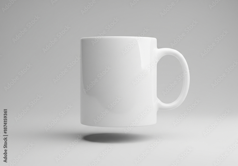 Obraz premium White mug mockup floating above wooden table with natural cafe ambiance