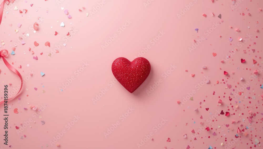 Fototapeta premium Pink background featuring a red heart as a greeting card element, intended for holiday messages, top view with space for text