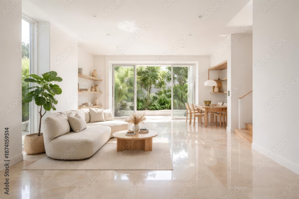 Fototapeta premium Open interior with clean white walls and natural sunlight highlighting the polished floor