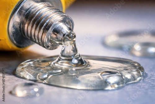 Extreme close up of general use glue tube with visible glue drops and surface pooling