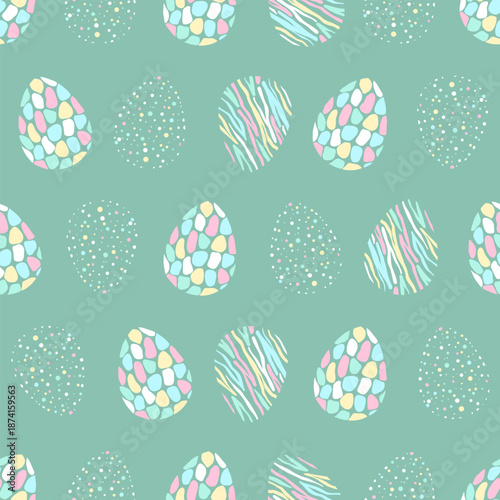 Pastel Easter Eggs Seamless Pattern on Mint Background